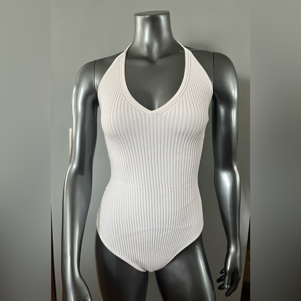 NWOT Abercrombie & Fitch White Halter Tie Back Stretchy Ribbed Thong Bodysuit
